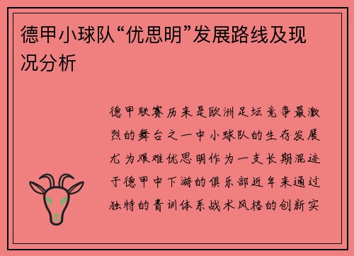 德甲小球队“优思明”发展路线及现况分析